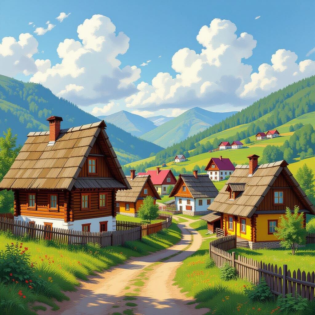 Colorful Caucasian Village in Lush Valley