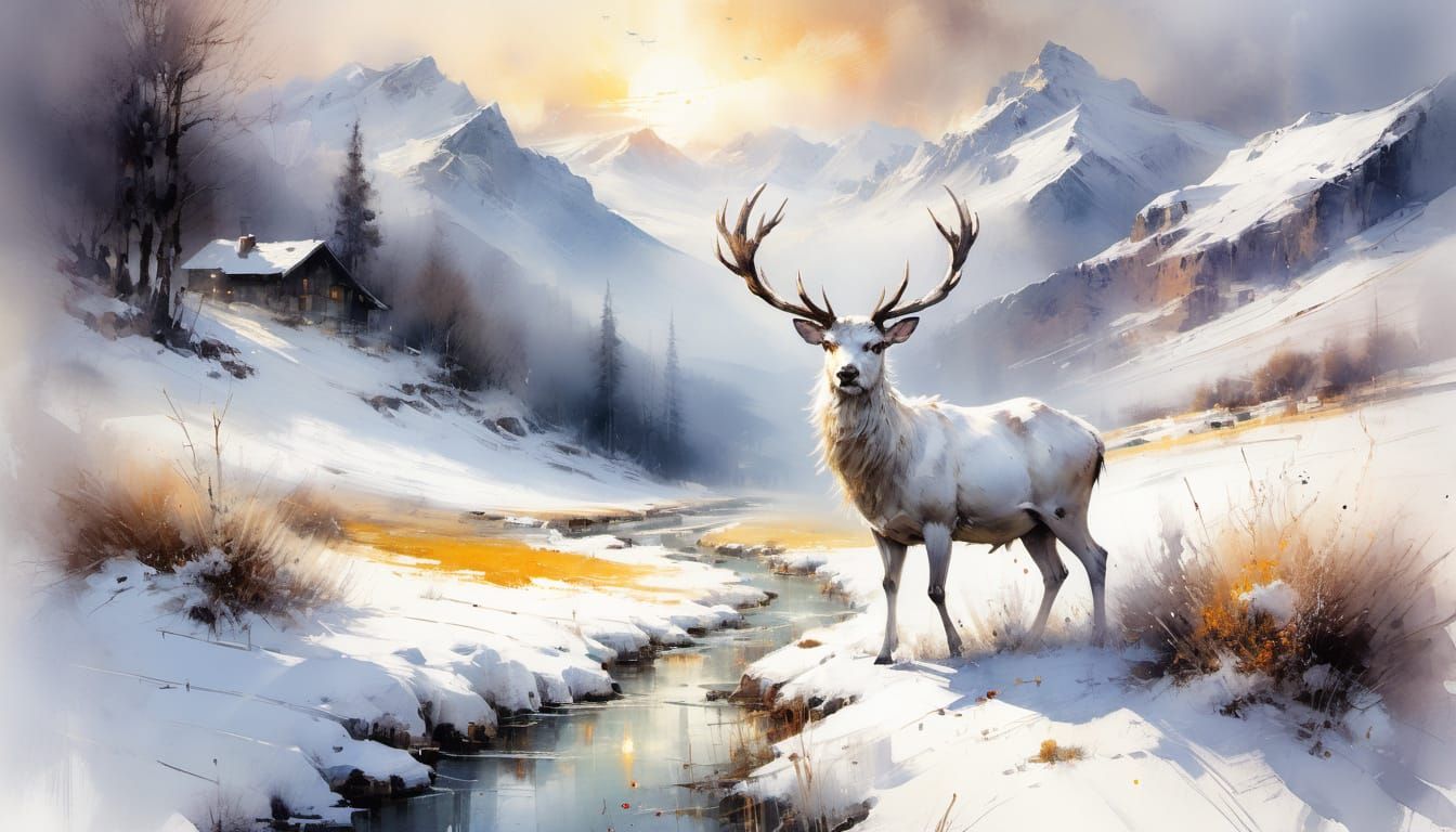 White Stag in Winter Mountain Meadow Watercolor