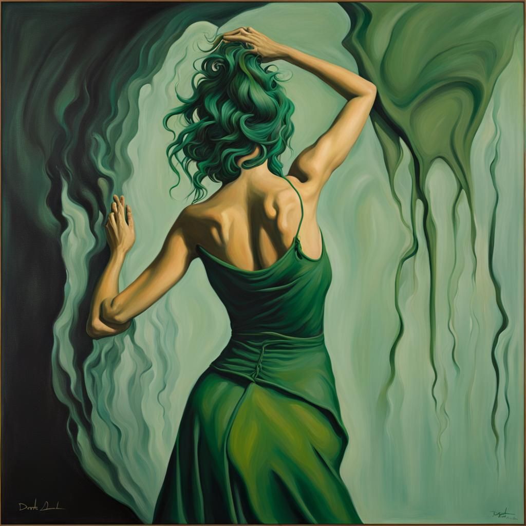 Surreal Dancing Woman with Green Hair