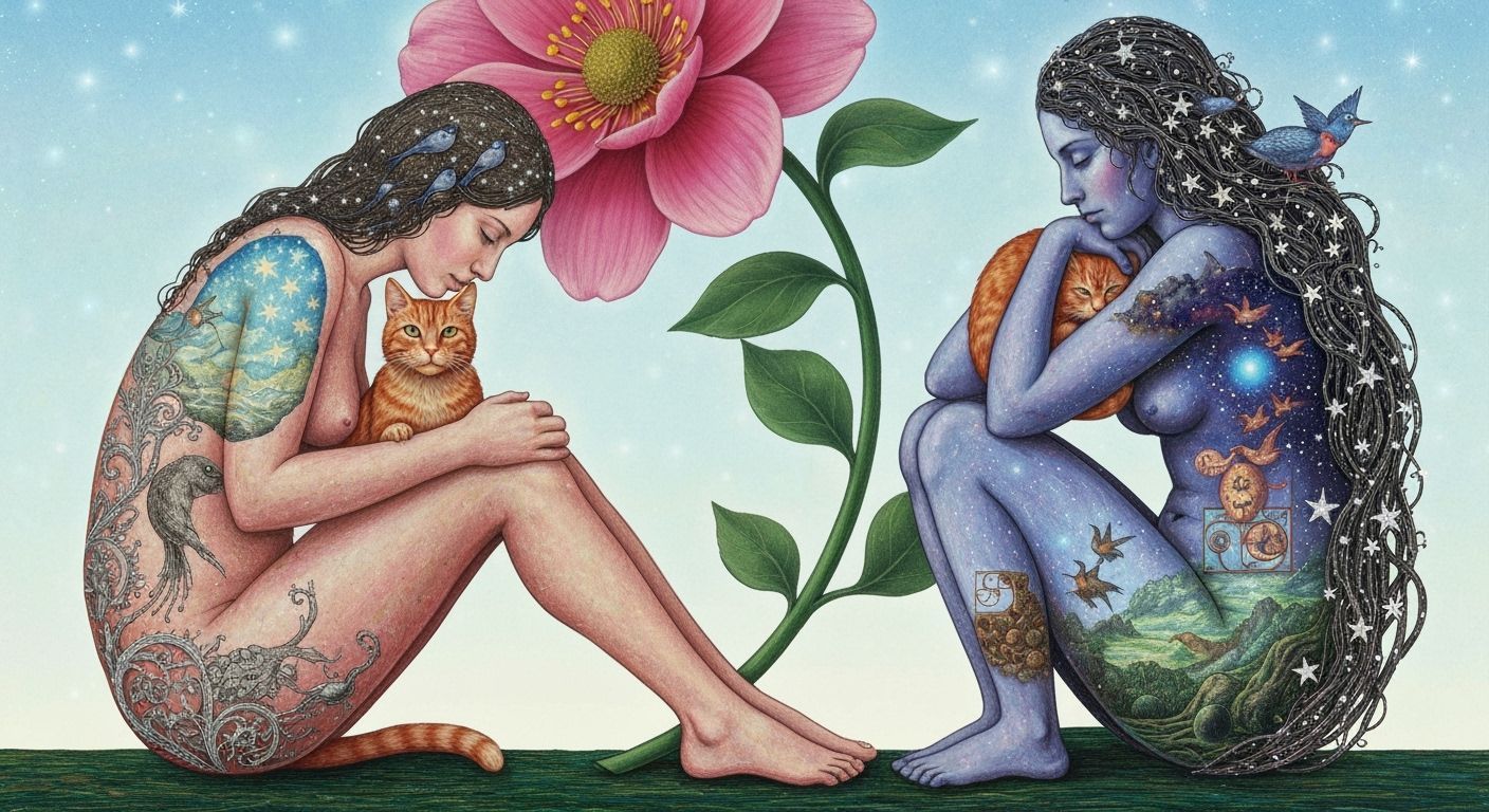 Ethereal Woman Holding Cat with Inner Cosmic Swirls