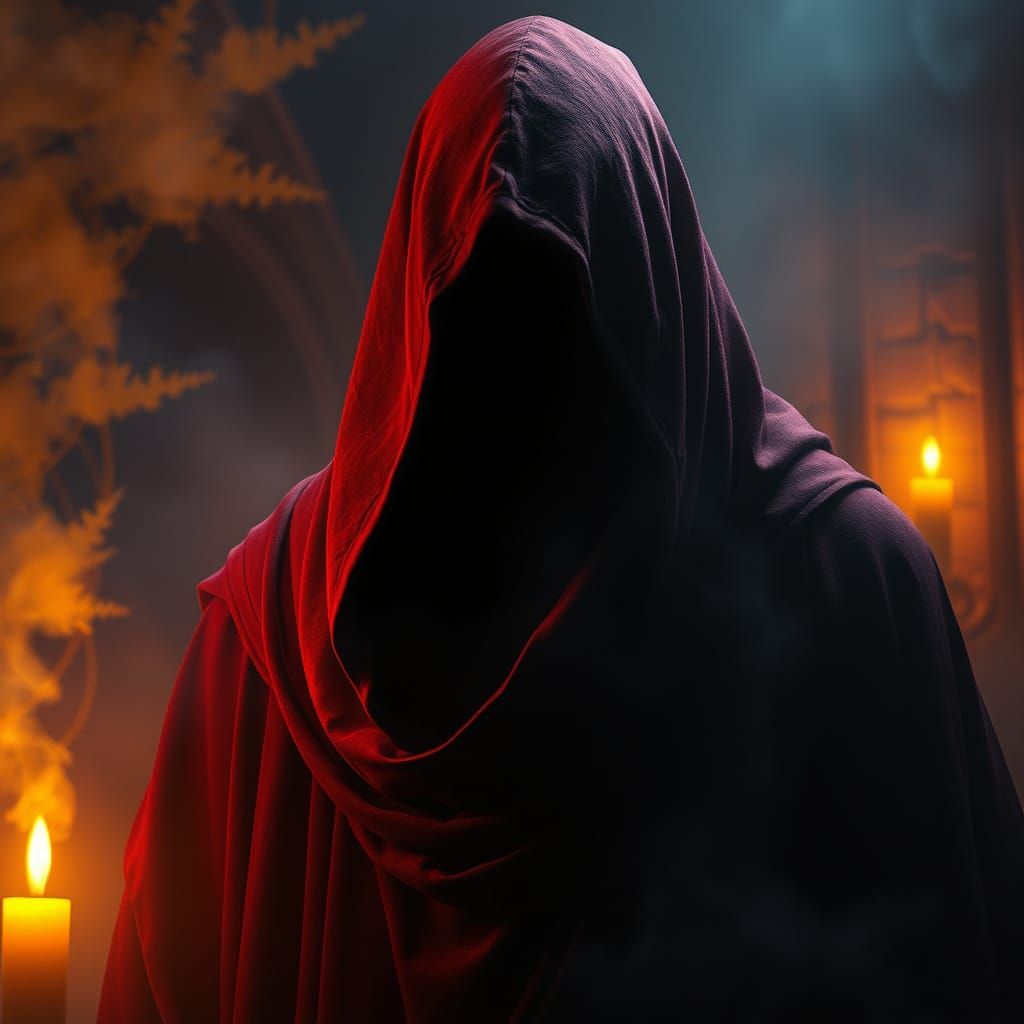 Figure in Dark Red Robes Amidst Mystical Fog