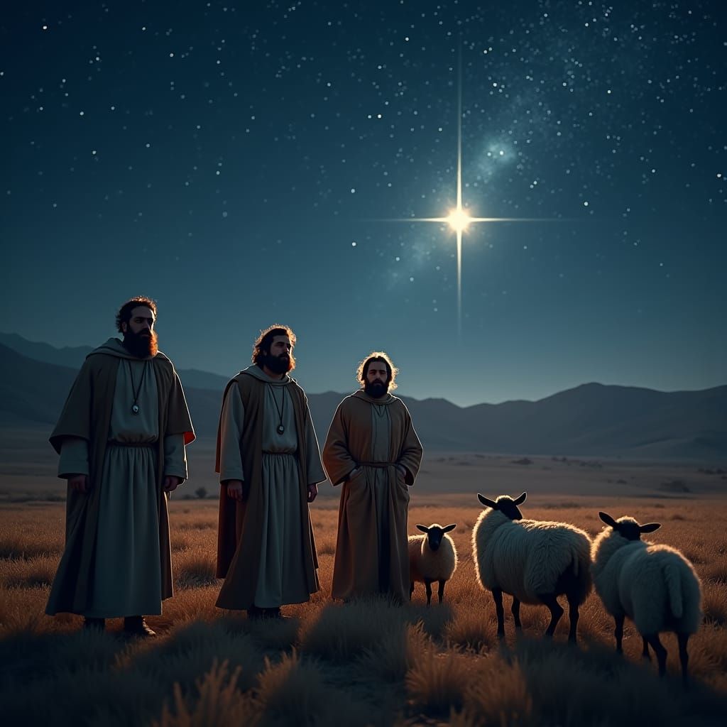 Shepherds and Flock Under Bethlehem Star