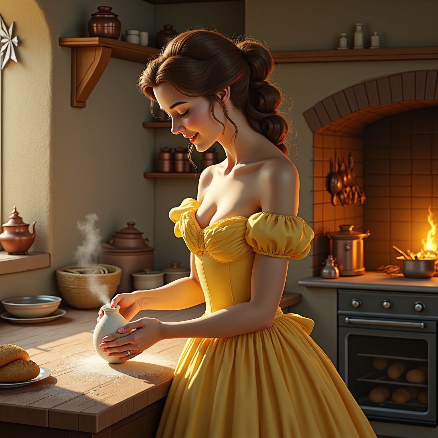 Princess Belle Baking Bread in Fairy-Tale Kitchen