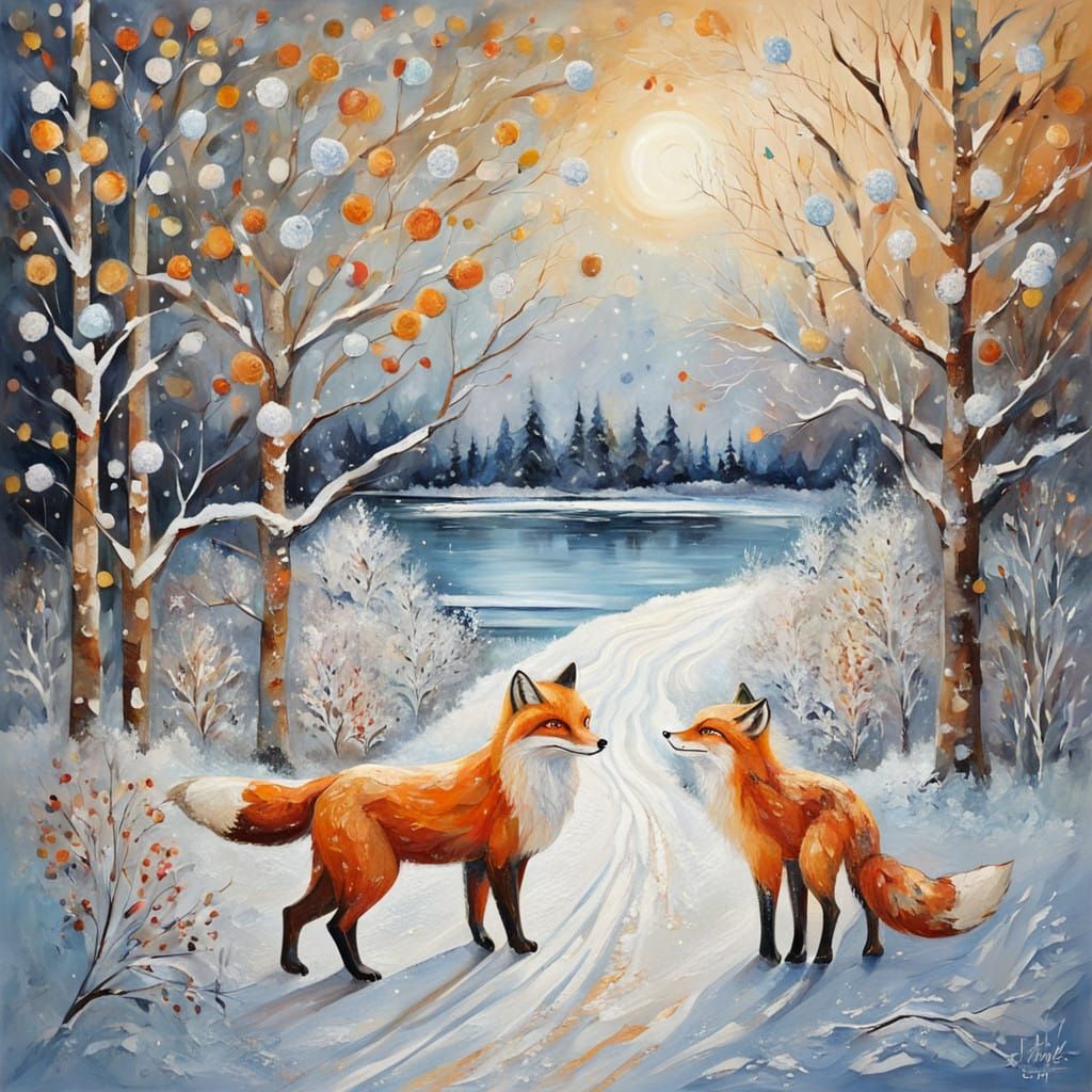 Winter Foxes in Harmony with Owl, Impasto Style