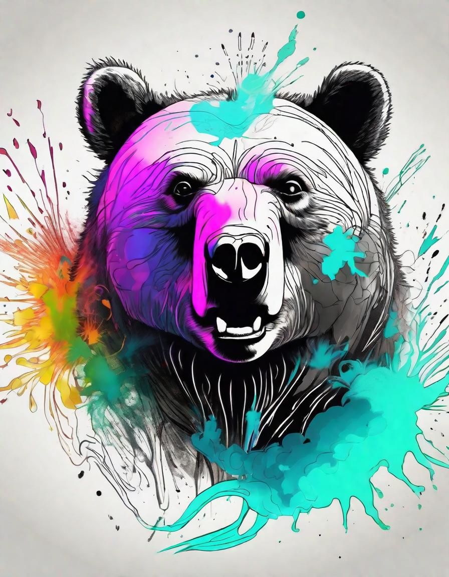 Abstract Bear Cartoon with Smoke Ink and Neon Splash