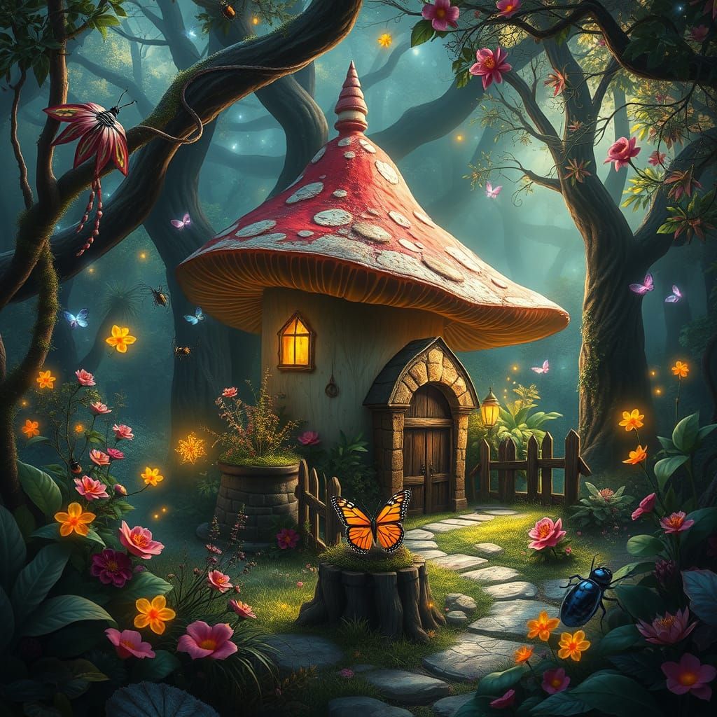 Whimsical Mushroomhouse Amidst Vibrant Forest Life