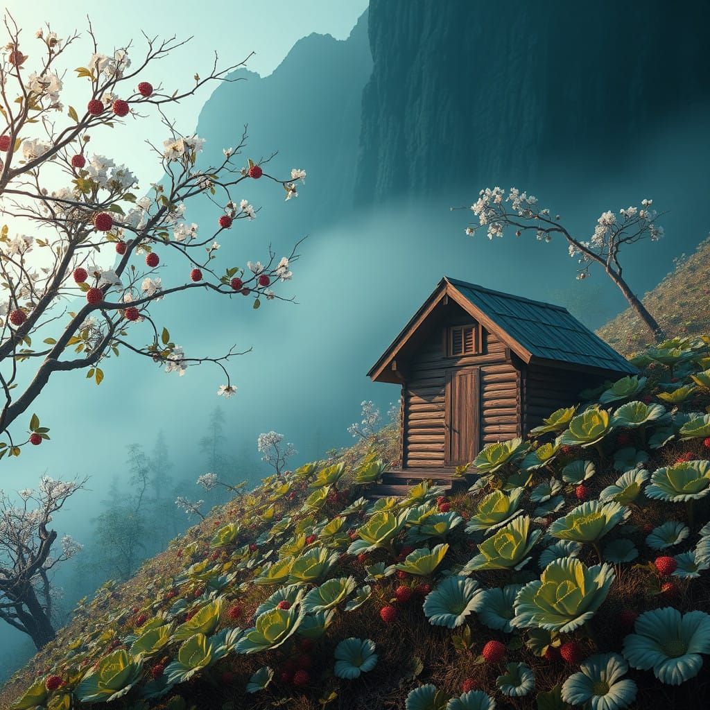 Wooden Cabin Amidst Emerald Cabbage and Strawberry Trees in....