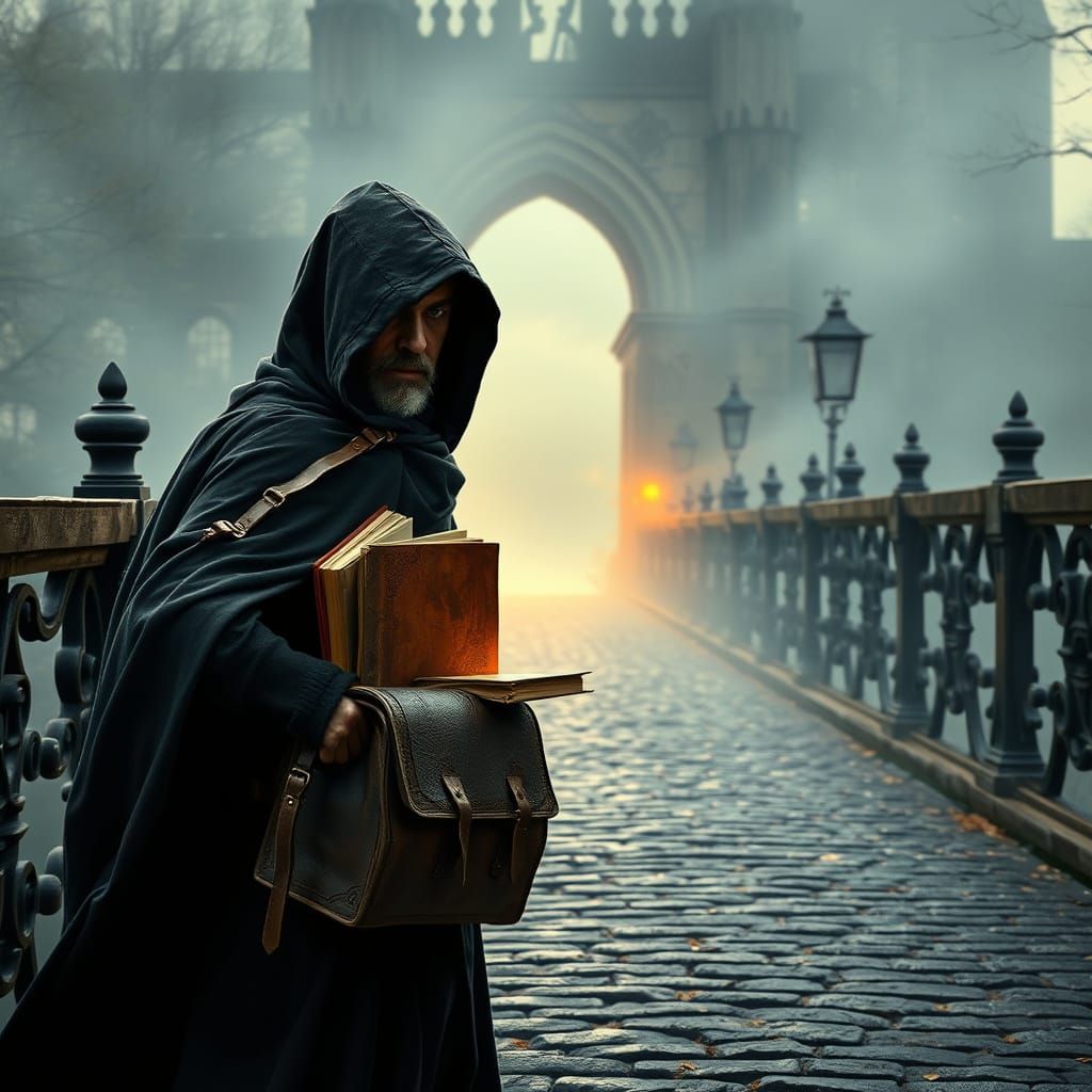 Mysterious Traveler Crosses Gothic Bridge in Misty 18th-Cent...