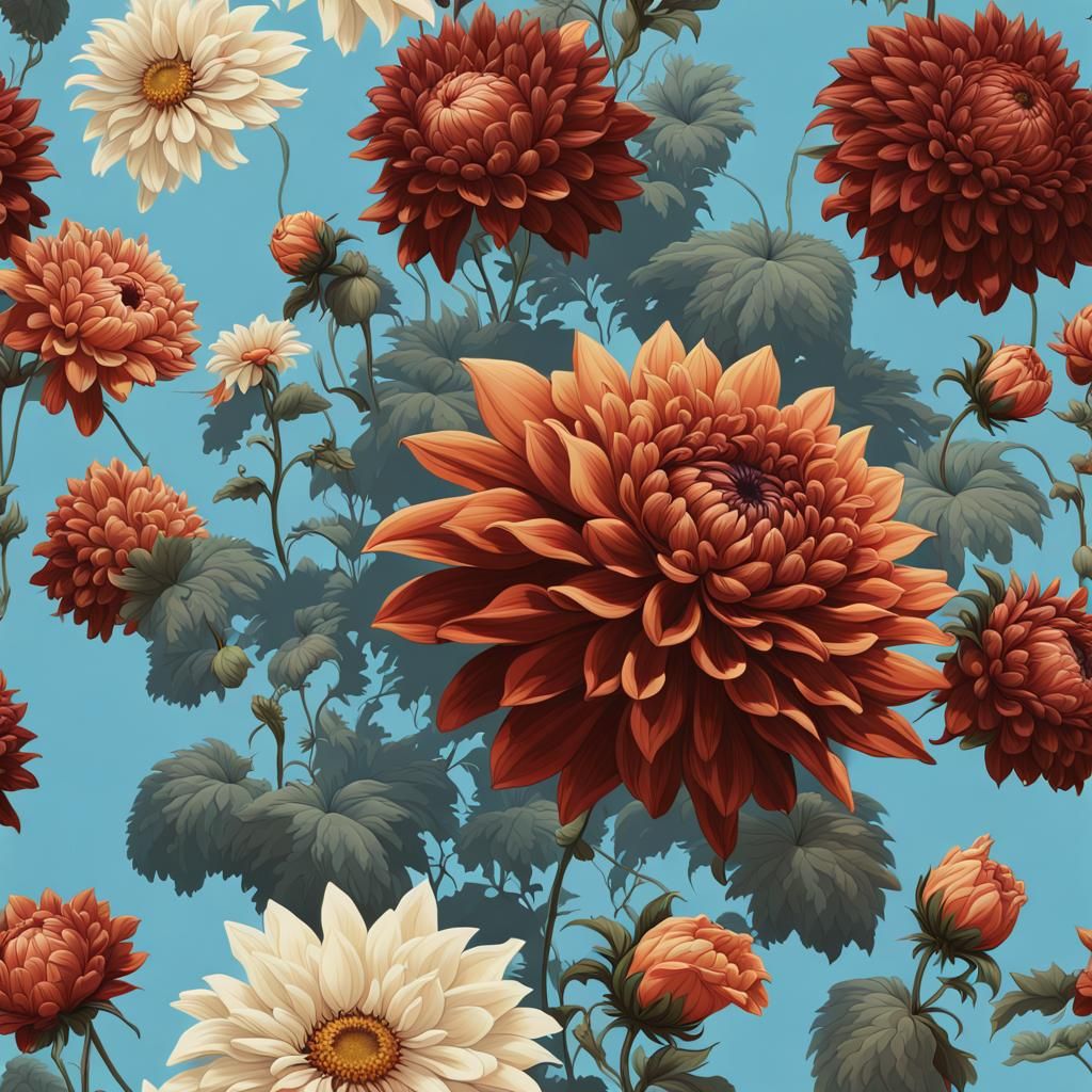 1970s Floral Wallpaper with Dahlias and Roses