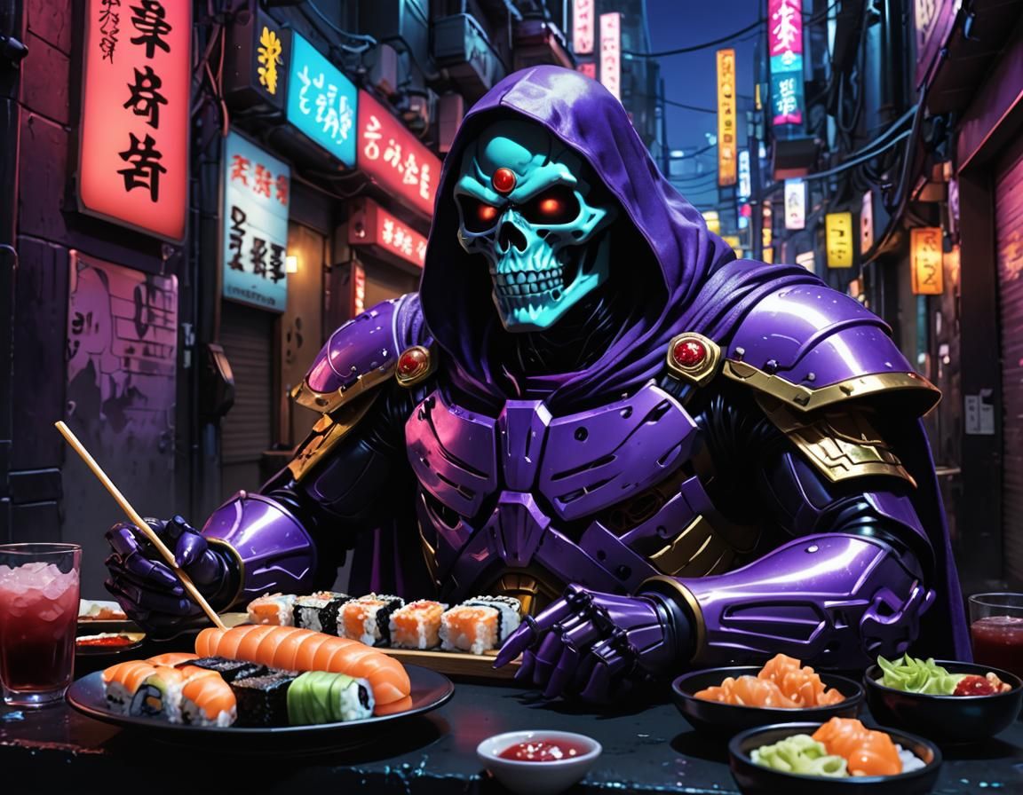 Skeletor eating sushi, Masters of the Universe. MOTU, style of Shinji Aramaki