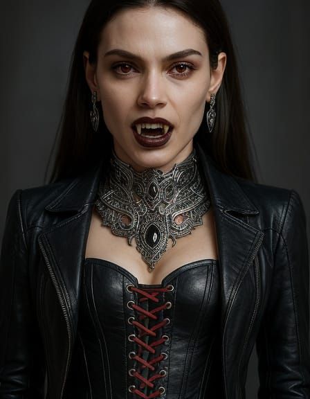 Ethereal Vampire Woman in Futuristic Attire