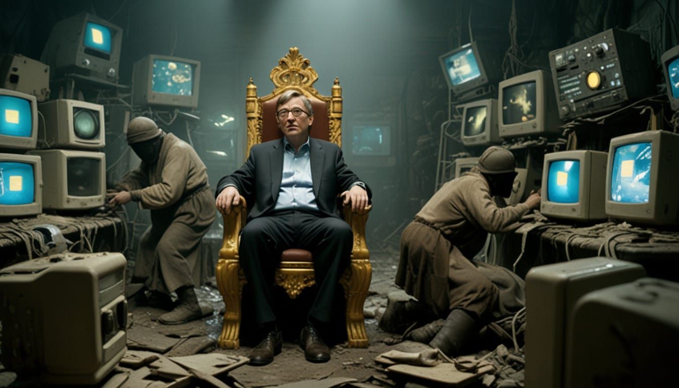 Dystopian Bill Gates on Throne Oversees Windows 11 Struggle