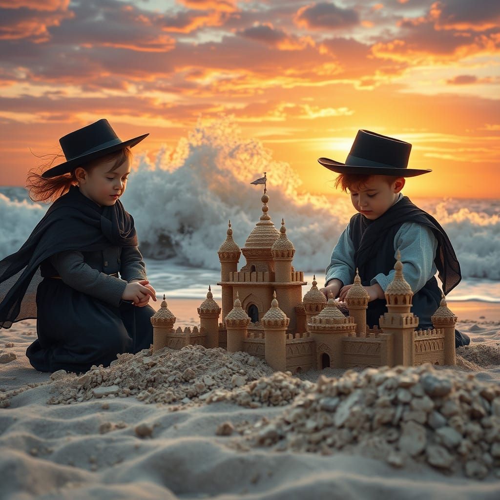 Hassidic Children's Vibrant Beach Palace in Whimsical Sunset