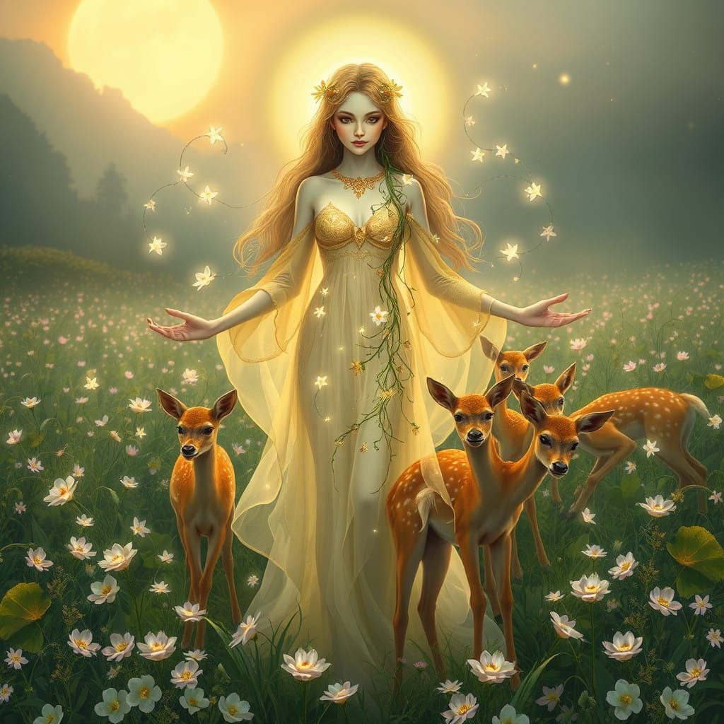 Earth Goddess in Serene Meadow with Vibrant Flowers and Gent...
