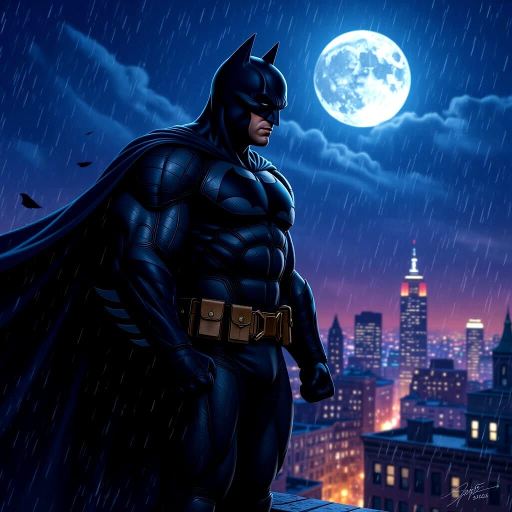 Hyperrealistic Batman Vigilantly Watches Over Cityscape
