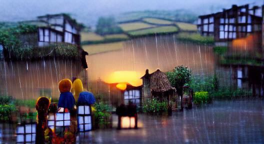 Joyful Village at Dawn in Heavy Rain