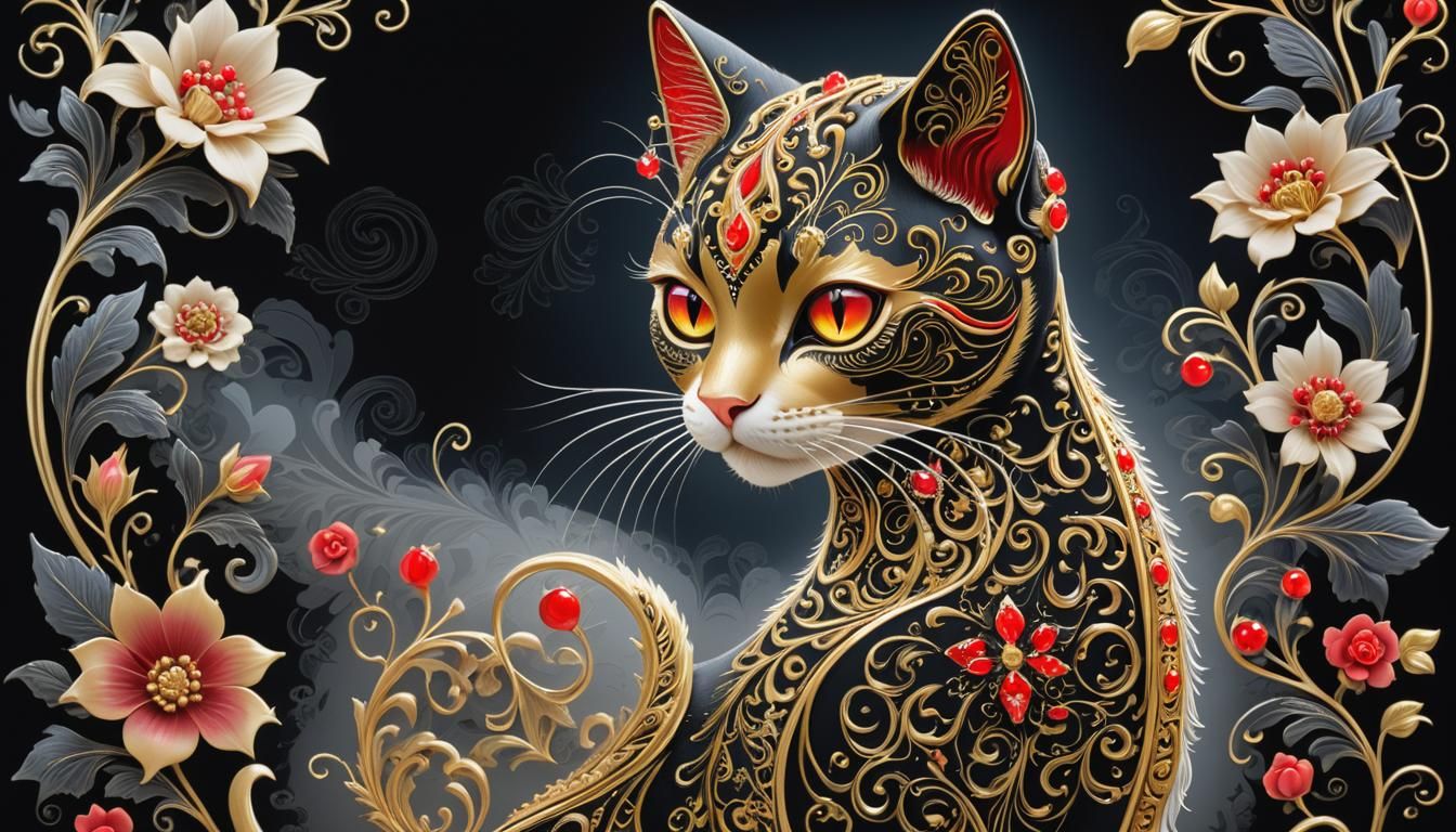 an ornate, stylized cat with intricate gold and black patter...
