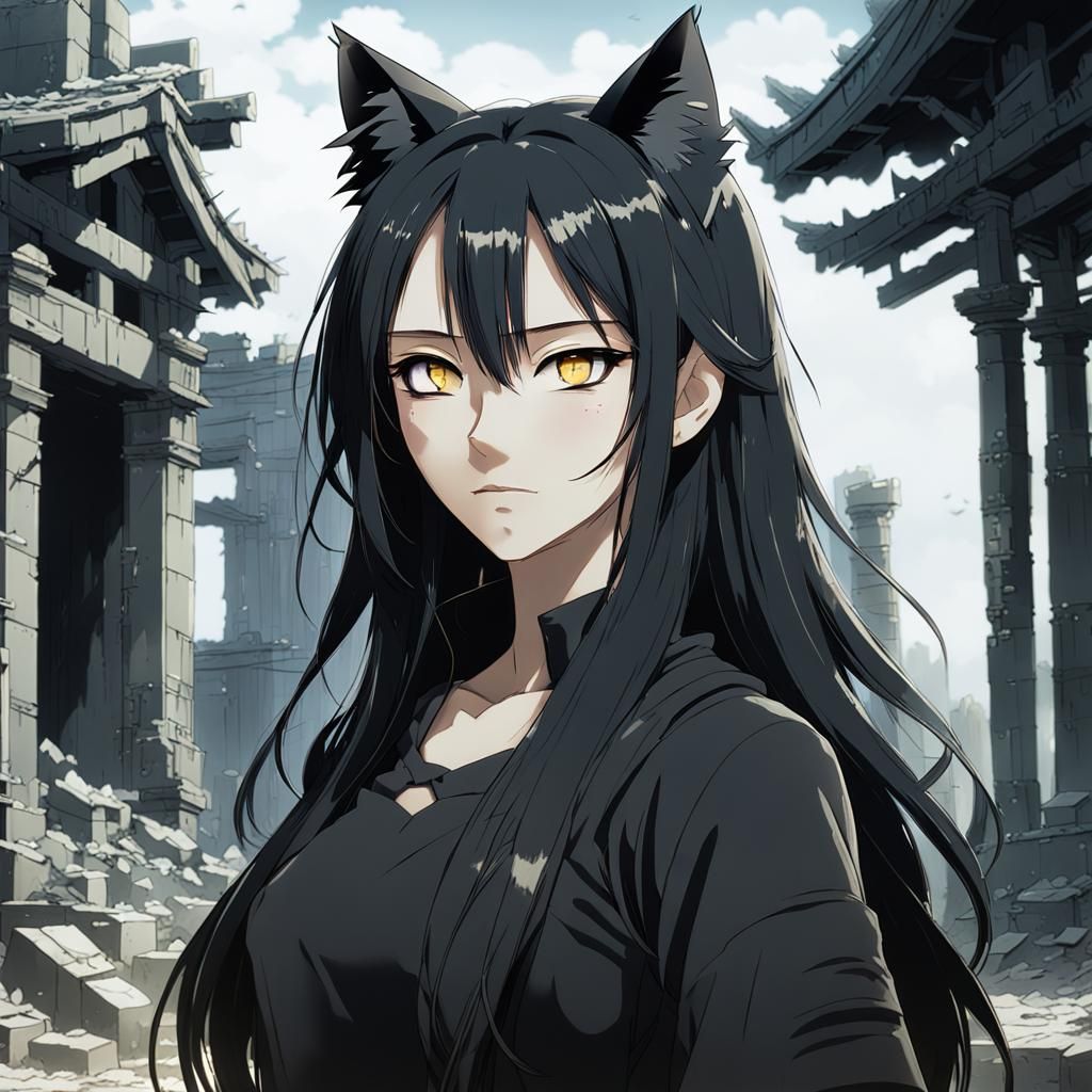 Anime Cat-Girl Portrait in Ruined City