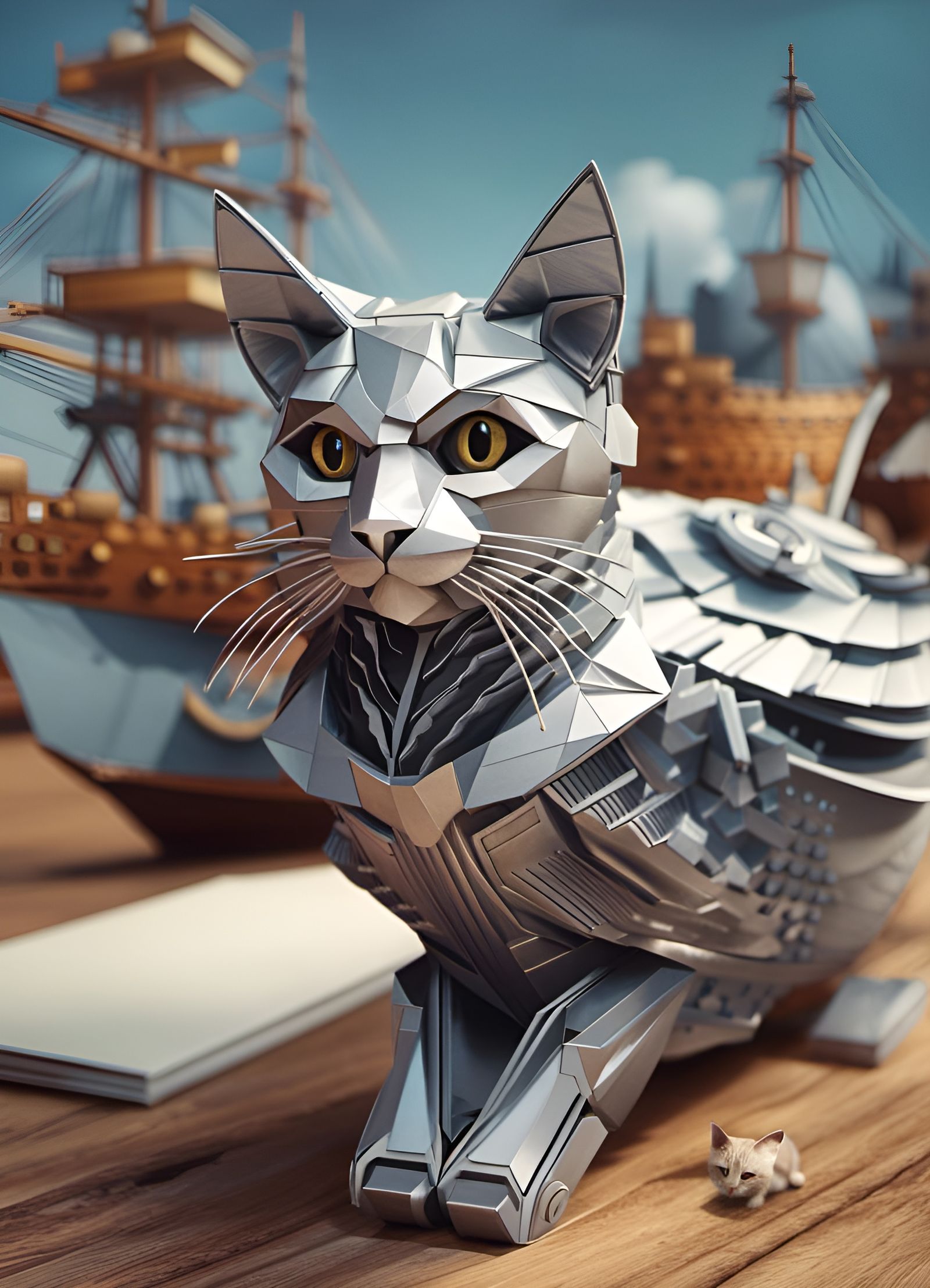 Cyborg Cat with Spaceship: Digital Origami Art