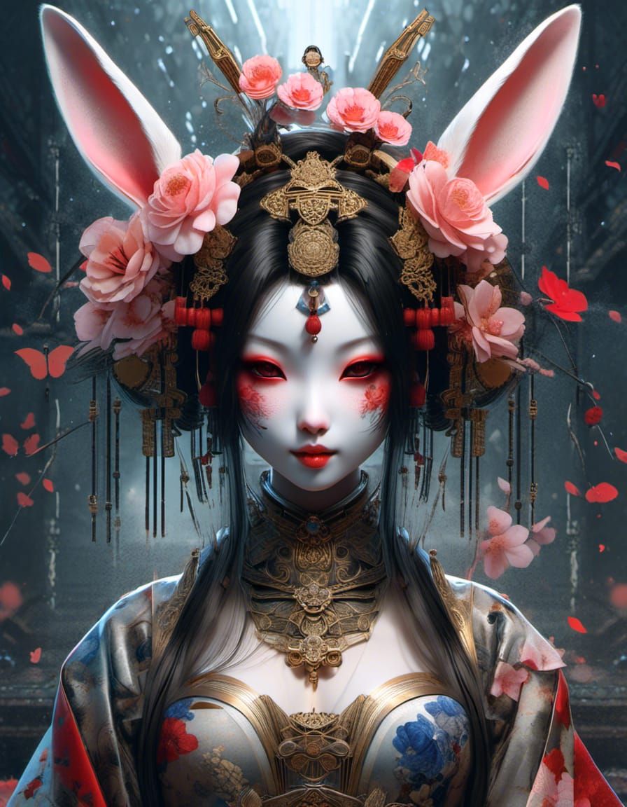 Hyperdetailed Bunny Geisha Dancing Under Blossoms
