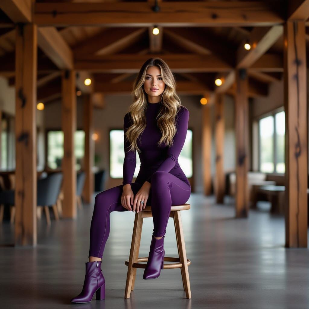 Confident Woman in Bodysuit on Wooden Stool