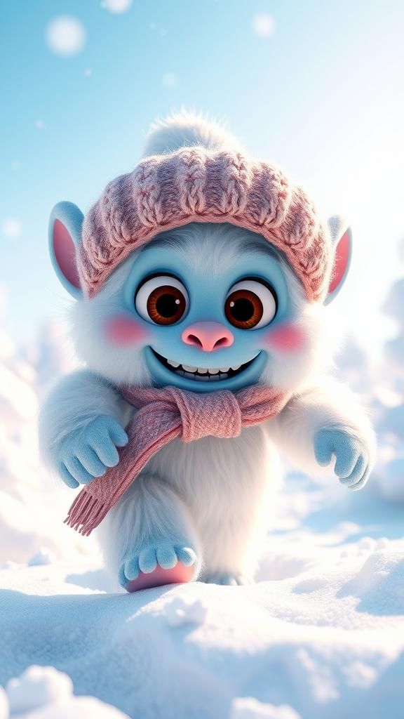 Adorable Yeti Frolics in Winter Wonderland: 3D Digital Art