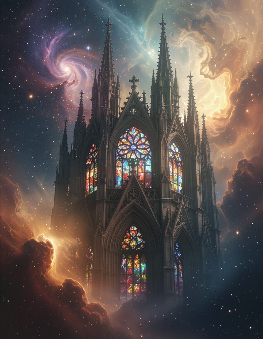 Gothic Cathedral Floats in Cosmic Nebula