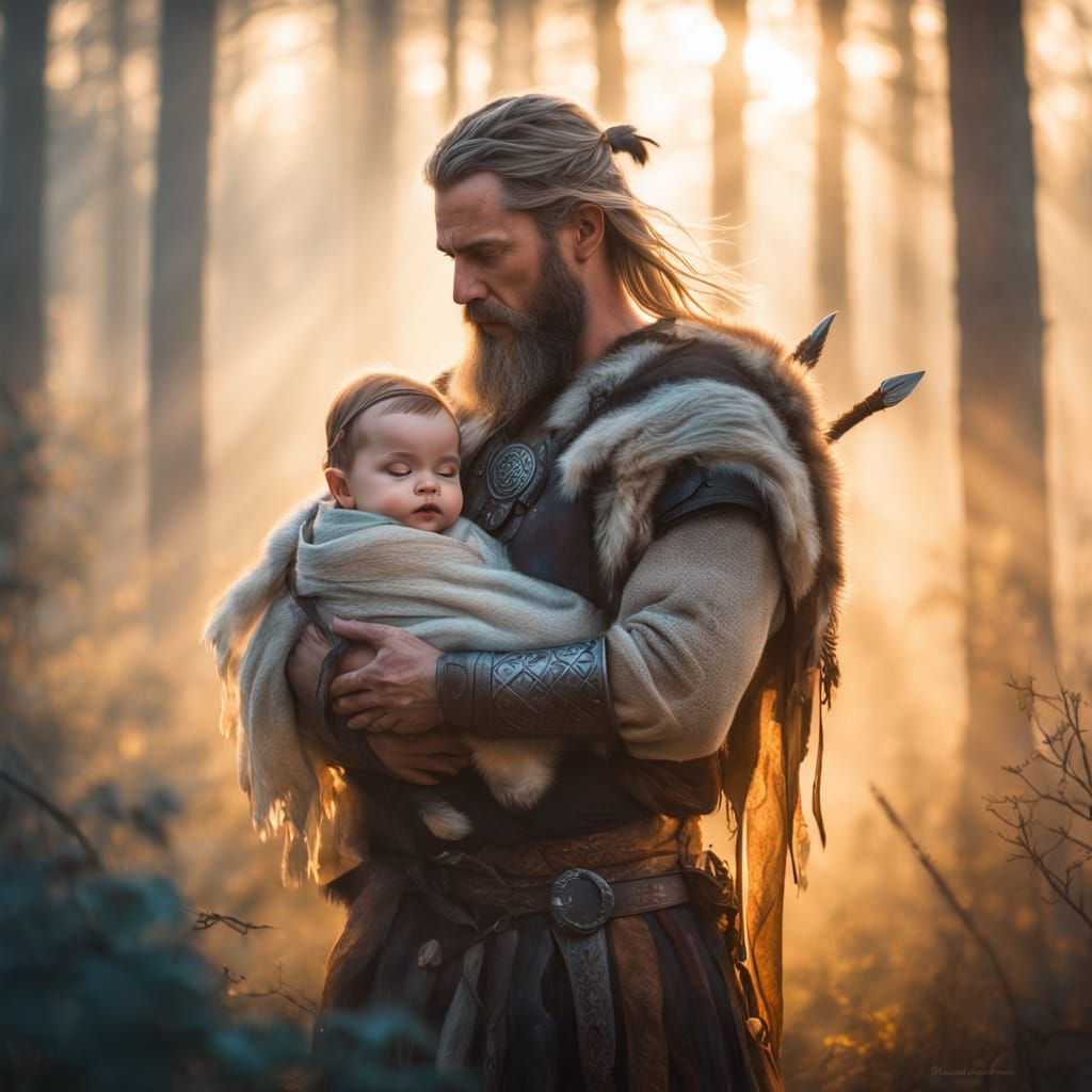 Viking Warrior Holds Baby in Serene Misty Forest