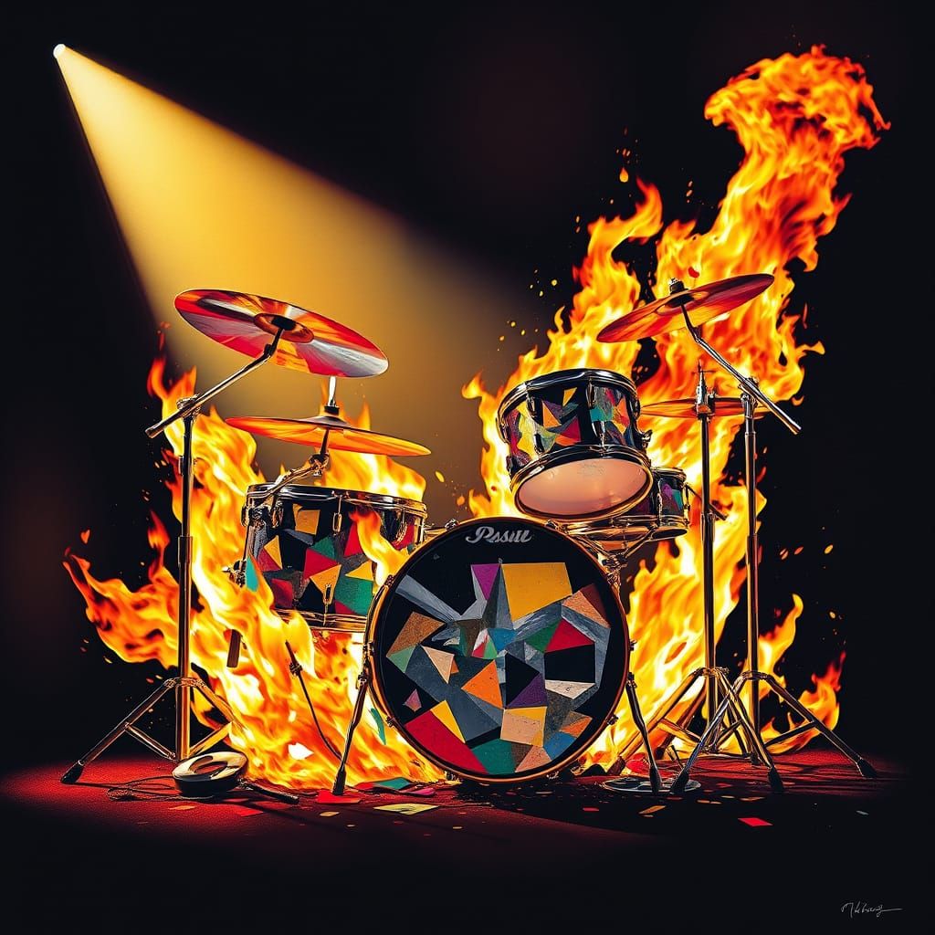 Vibrant Cubist Drum Kit Ablaze Under Spotlight