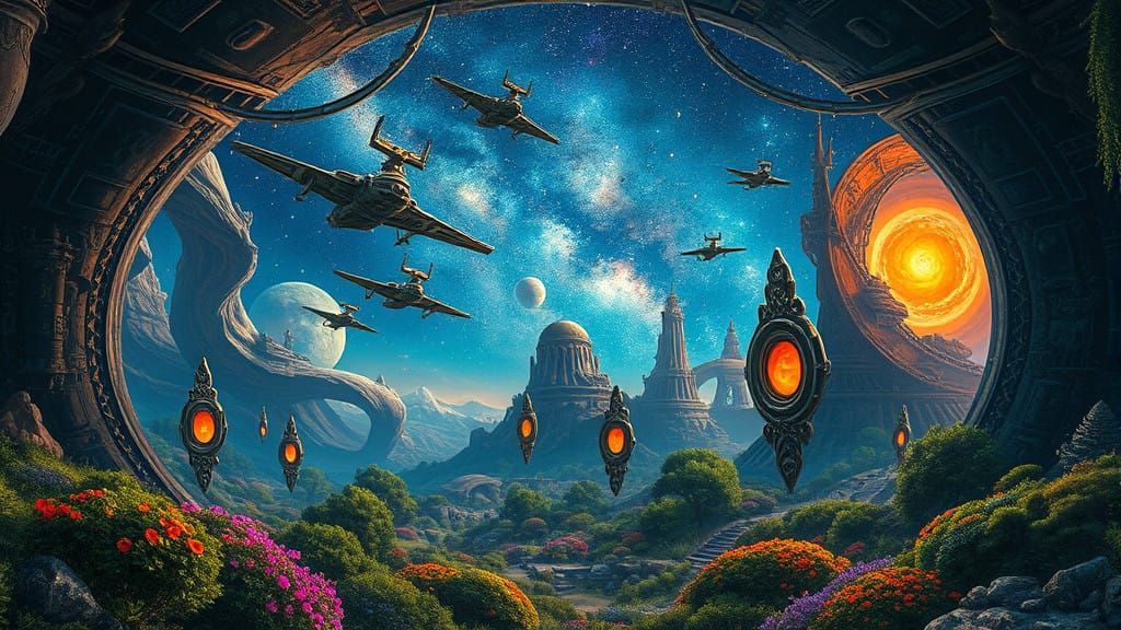 view through large portals of galactic ark fleet beautiful e...