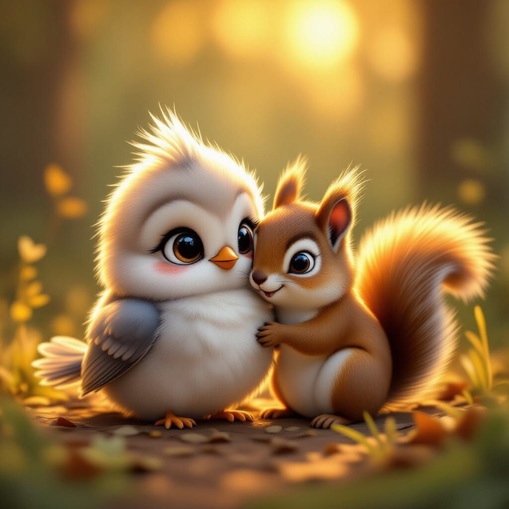 Cute Fluffy Bird Cuddles Squirrel in Golden Hour Forest