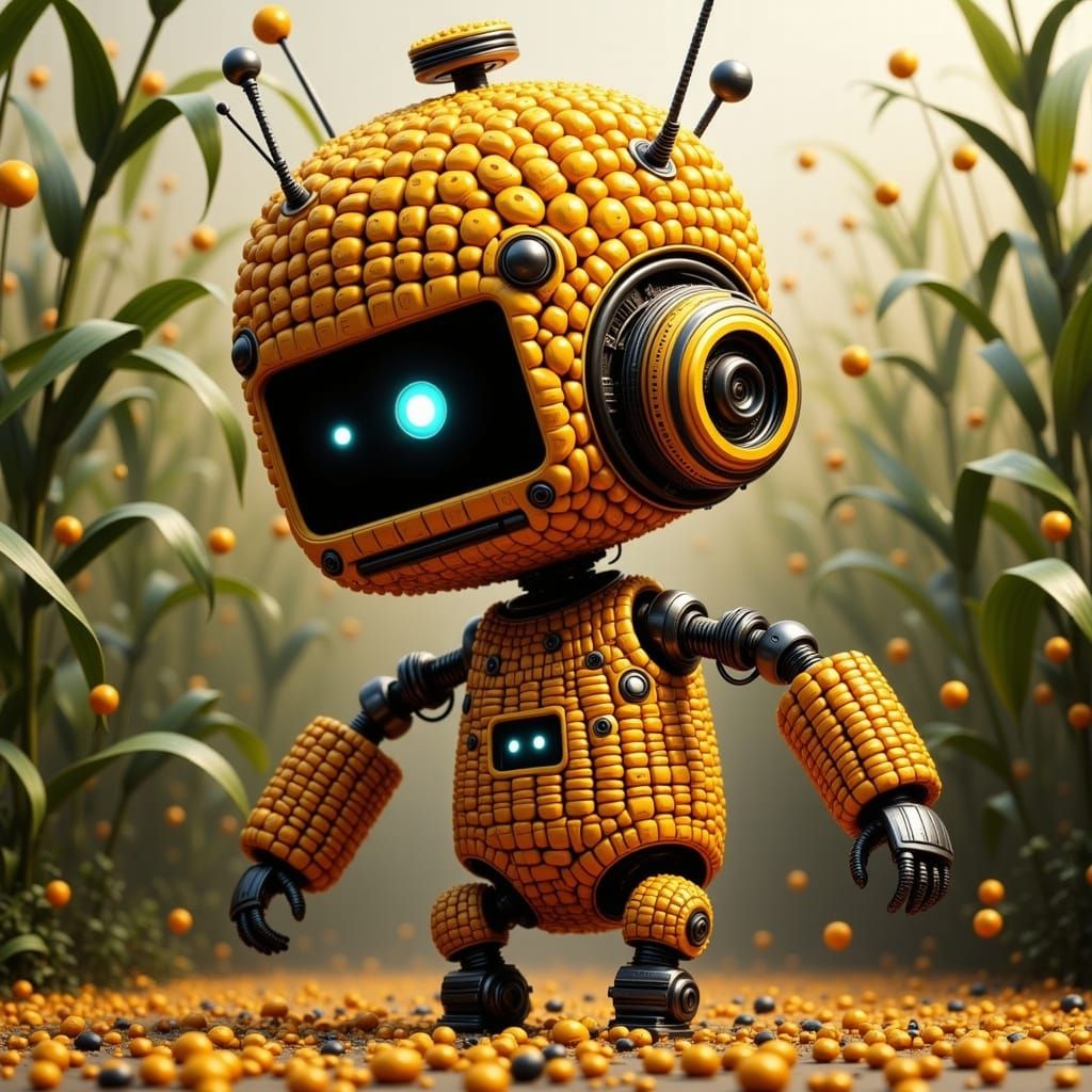 Corncob Robot Covered in Kernels