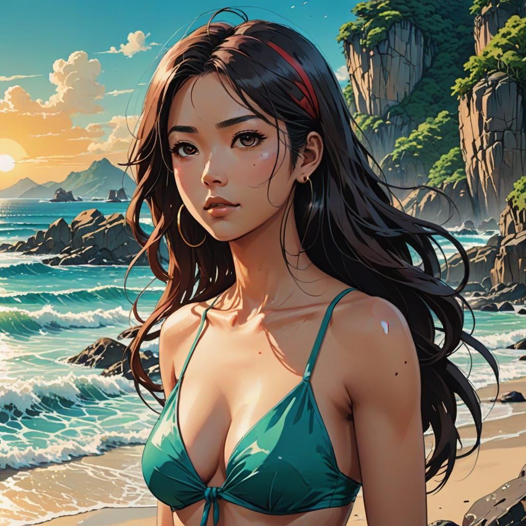 Thai Anime Goddess Radiates Confidence on Rocky Beach