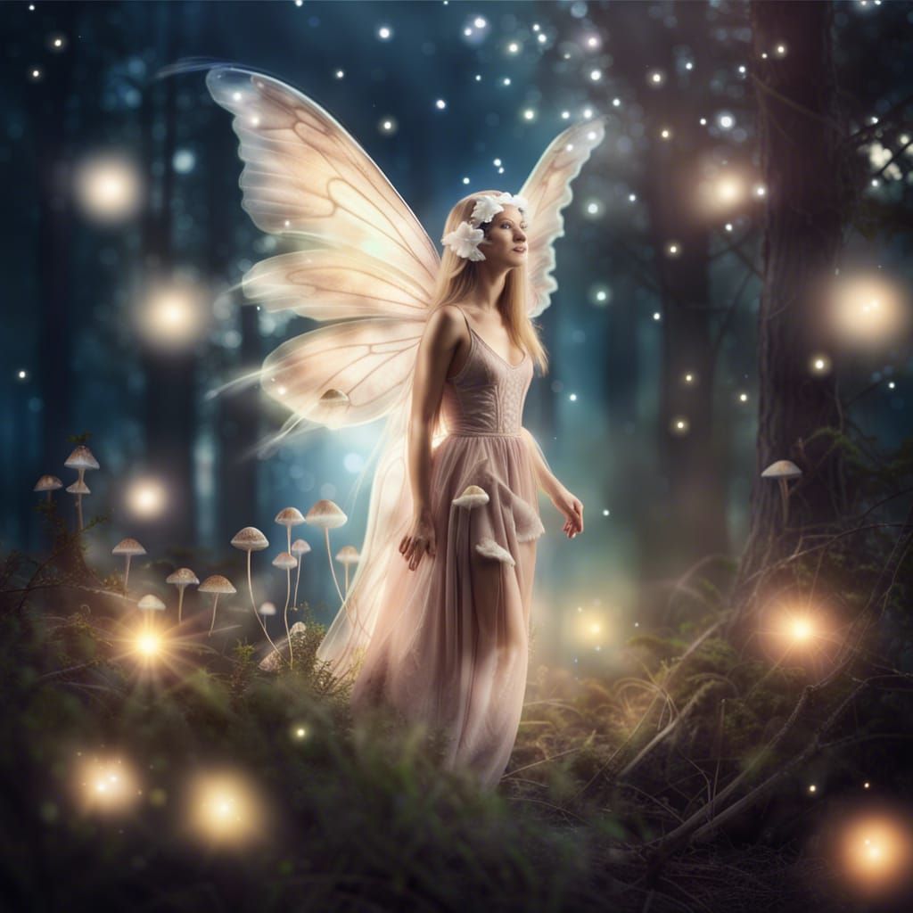 Enchanted Fairy in Mushroom Forest Under Moonlight