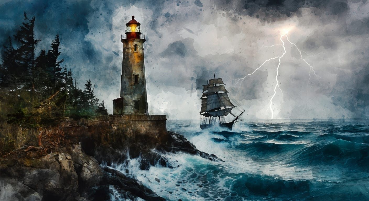 Weathered Lighthouse in a Stormy Seascape