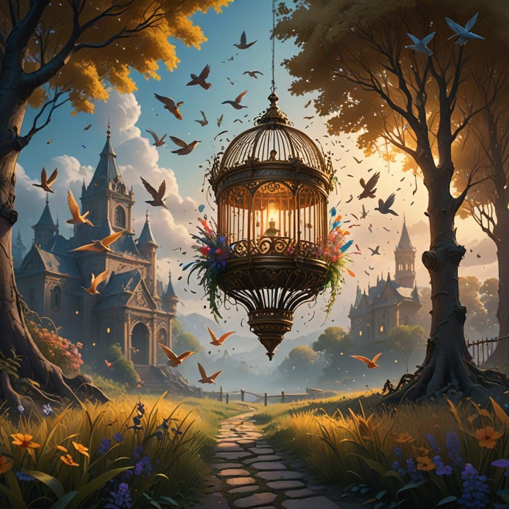 Surreal Floating Cage With Escaping Glowing Birds