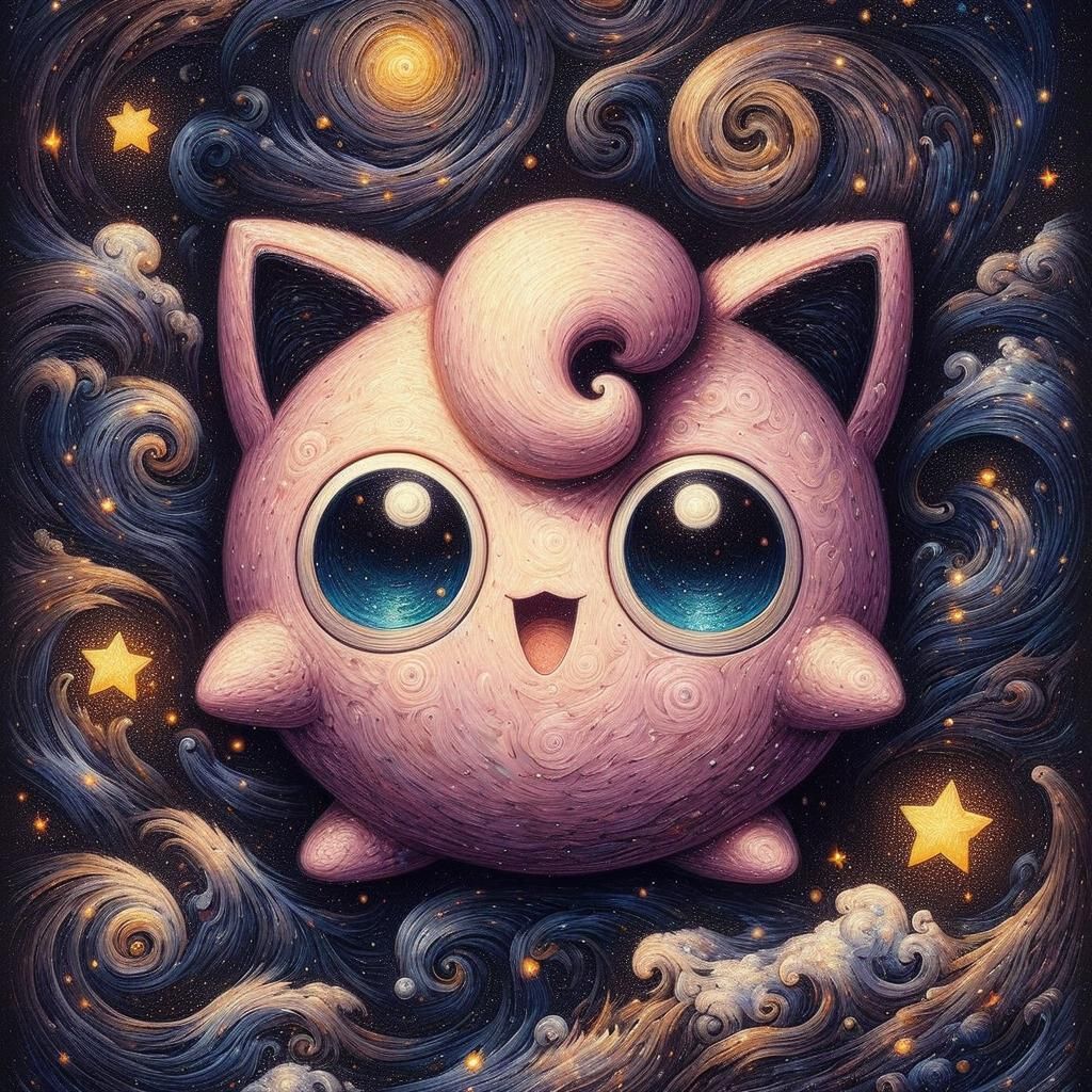 Chibi Jigglypuff in Starry Night Fantasy Illustration