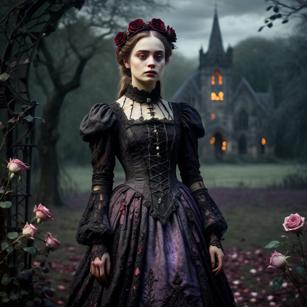 Gothic Maiden in Rose Garden: An Impasto Oil Painting