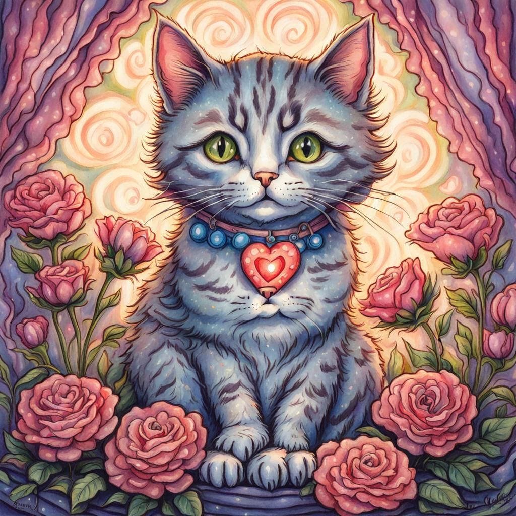 Cute Cat Surrounded by Flowers and Heart Lights