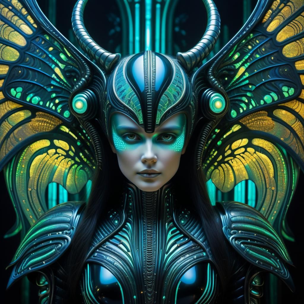 Bioluminescent Armored Woman with Fractal Wings
