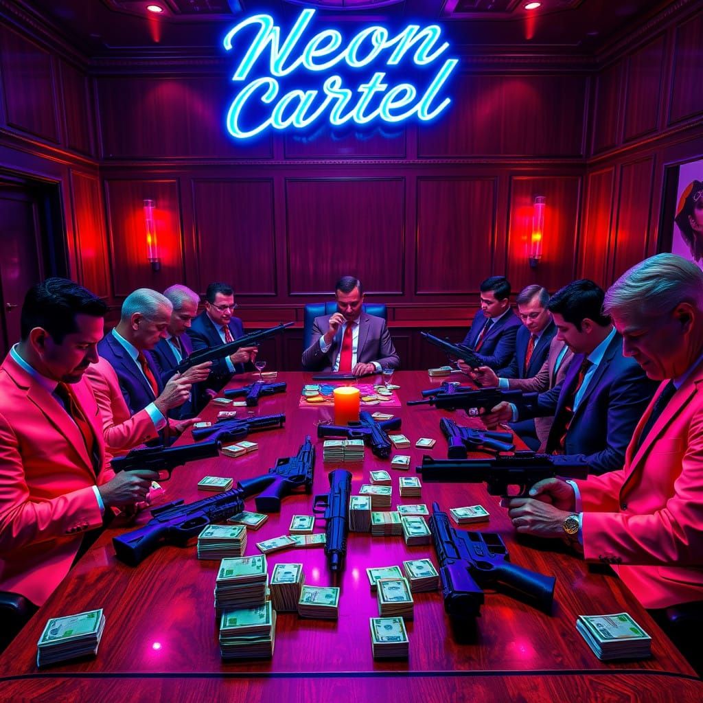 Neon Cartel War Council in High-Tech Elegance