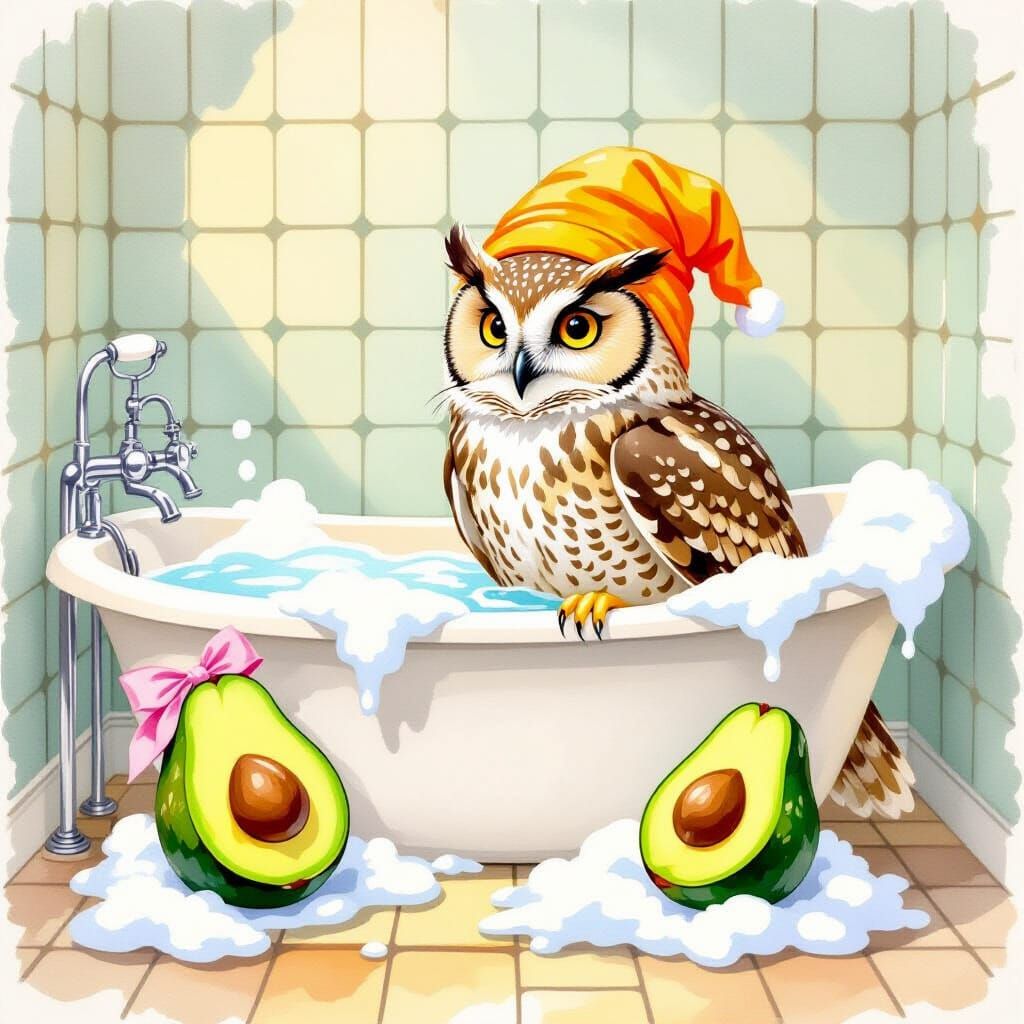 Owl and Avocado Enjoying a Bubble Bath in Watercolor Style