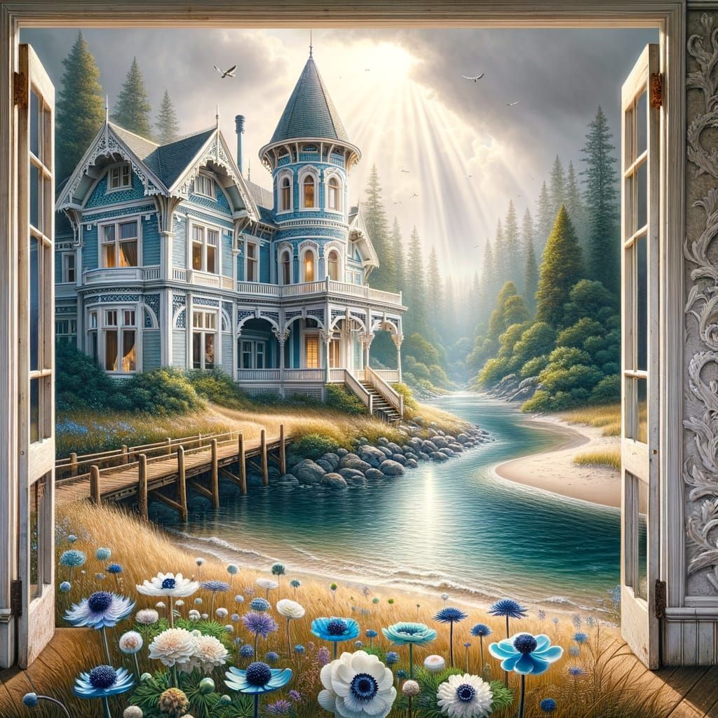 Elegant Victorian Mansion by Serene River in Light Blue