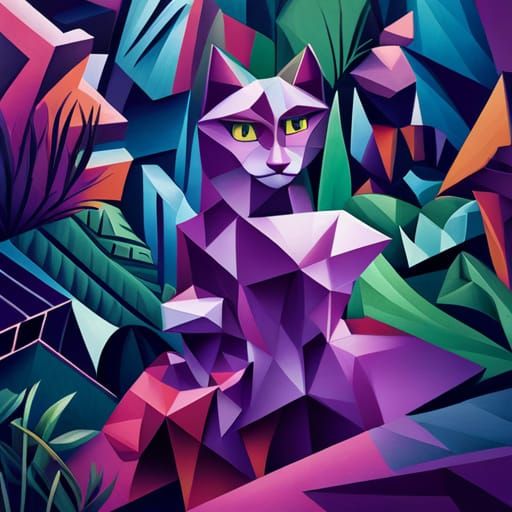 Purple Cat in Jungle: A Cubist Art Deco Painting