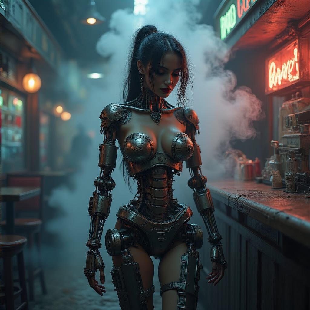 Biomechanical Woman in Dimly Lit Bar, Giger Style