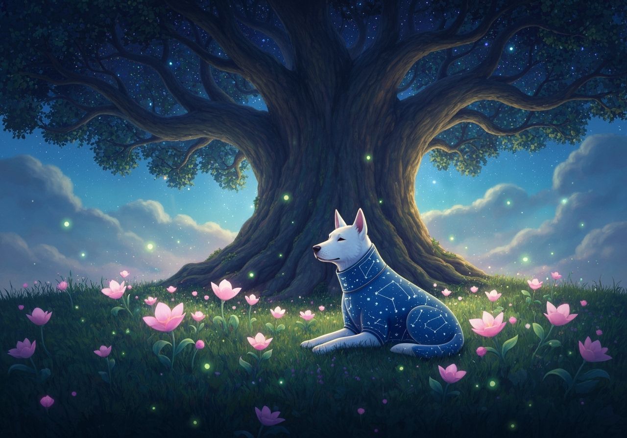 Serene Constellation Dog Under Ancient Starry Tree