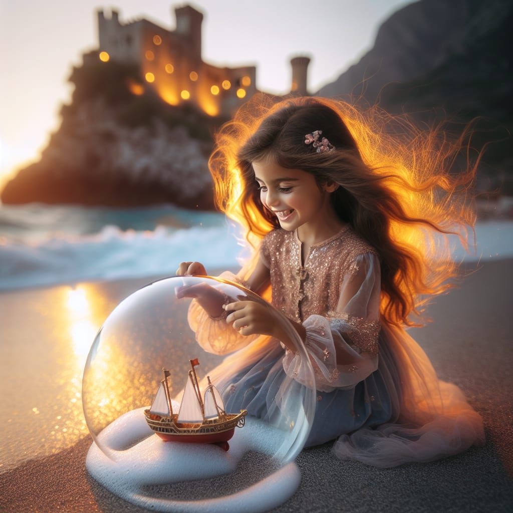 Girl in Bubble on Beach with Castle
