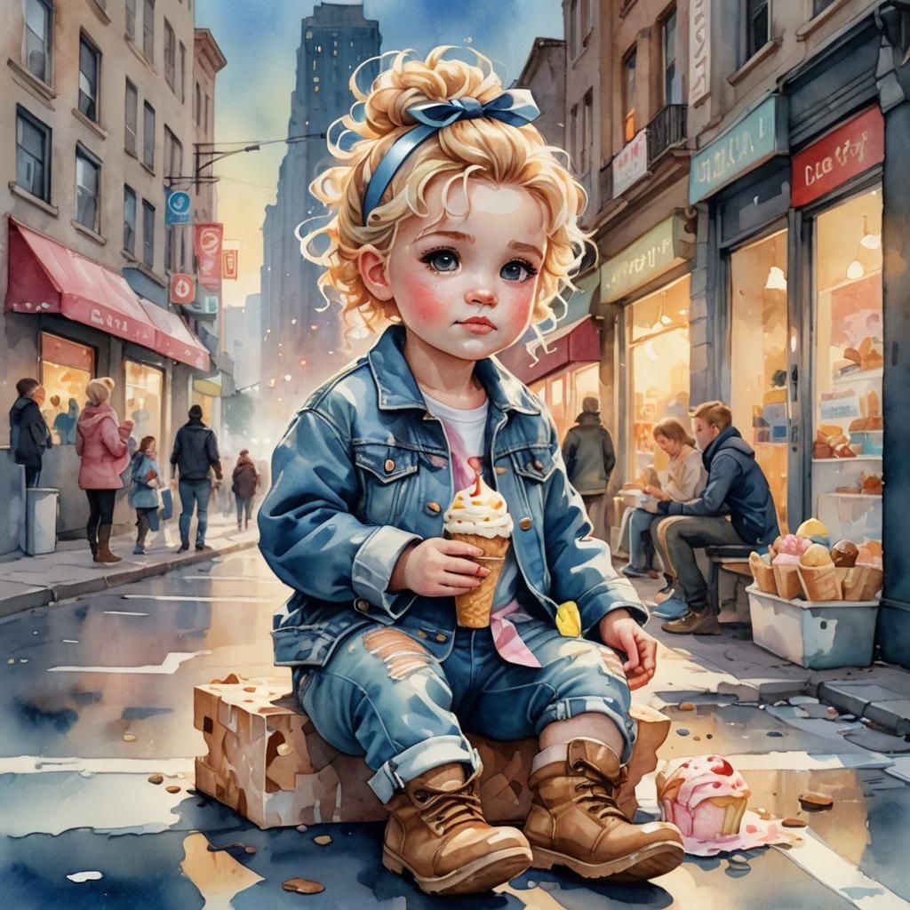 Toddler with Ice Cream: Fantasy Watercolor Art