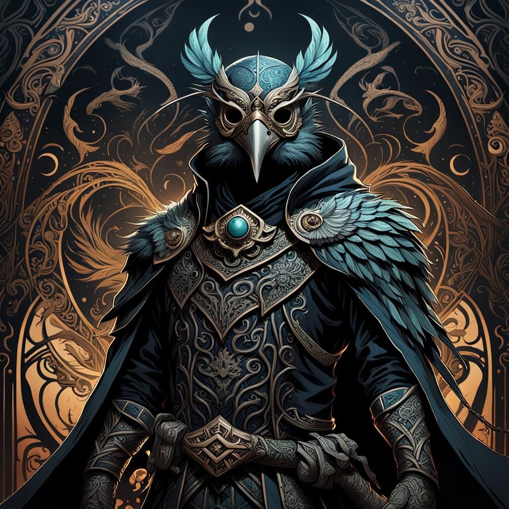 Masked Bird Man with Sickle in Dark Fantasy Style