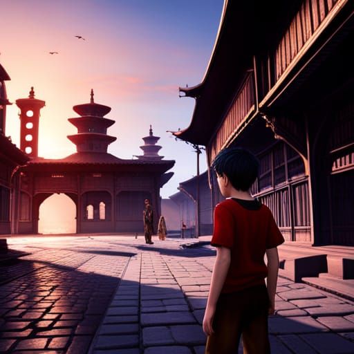 Hyperrealistic Sunrise Temple Scene with Poor Boy